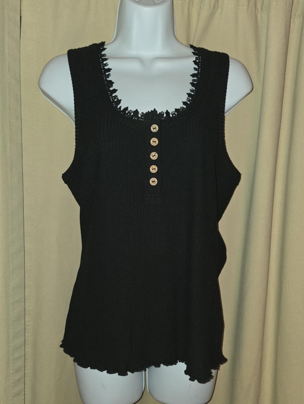 white birch Black Ribbed Tank with Button Front and Frayed Trim